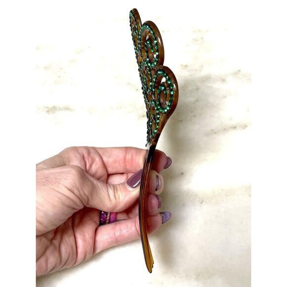 Antique Ornate Celluloid Hair Comb Green Rhinestones Art Nouveau - Picture 8 of 16